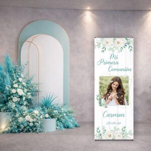 Cartel Bienvenida Comunión Flores Turquesa