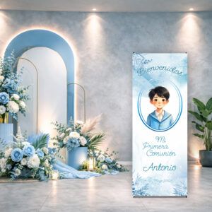Cartel Bienvenida Comunión Acuarela Oval Celeste